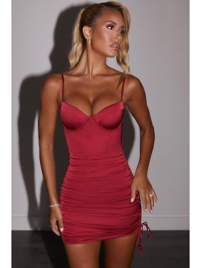 Night Out Bustier Sweetheart Satin Ruched Bodycon Mini Dress – Burgundy