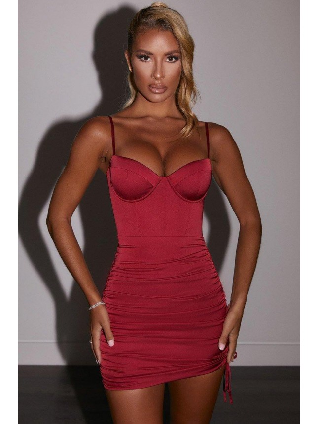 Night Out Bustier Sweetheart Satin Ruched Bodycon Mini Dress – Burgundy