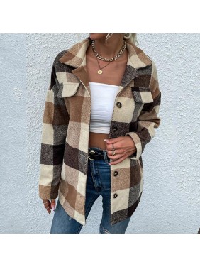 Plaid shirt lapel long sleeve loose shirt jacket