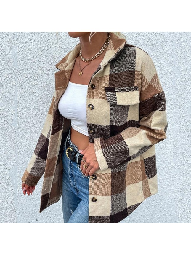 Plaid shirt lapel long sleeve loose shirt jacket