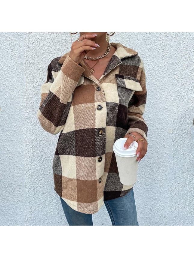 Plaid shirt lapel long sleeve loose shirt jacket