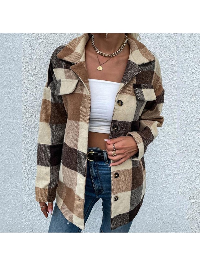 Plaid shirt lapel long sleeve loose shirt jacket