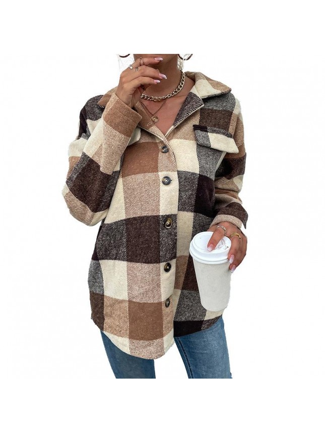 Plaid shirt lapel long sleeve loose shirt jacket