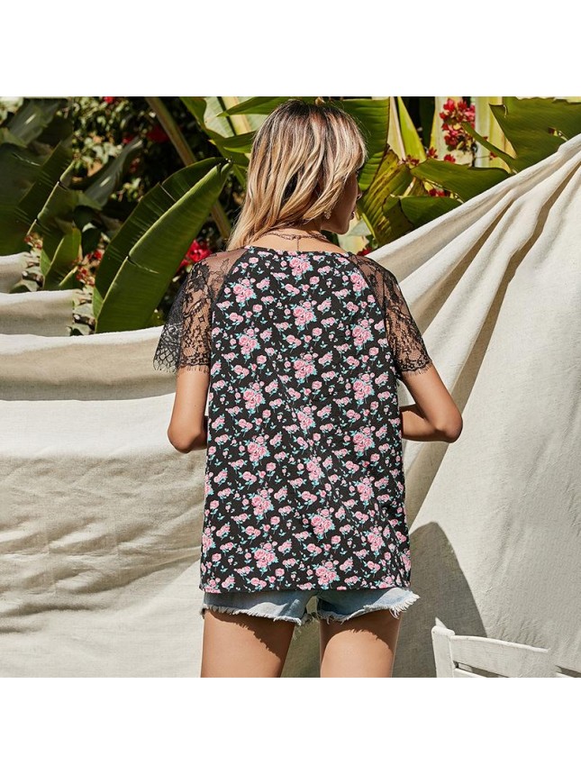 Lace top splicing print T shirt