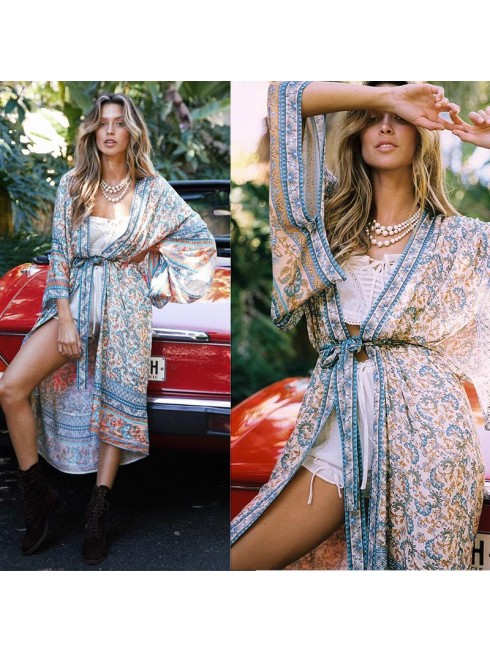 Bohemian beach printed long contract outer cover sunscreen shirt