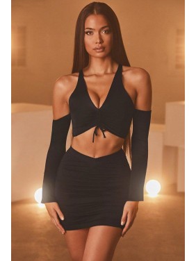 Flared Sleeve Ruched High Waist Two Piece Mini Dress – Black