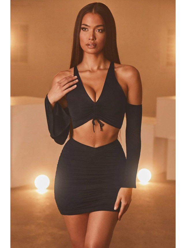 Flared Sleeve Ruched High Waist Two Piece Mini Dress – Black