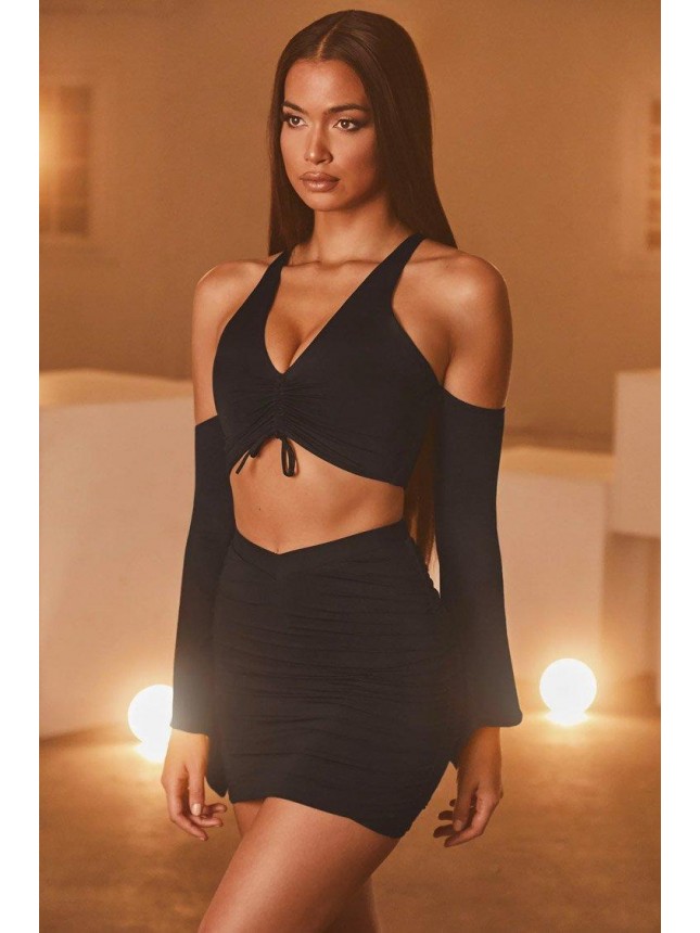 Flared Sleeve Ruched High Waist Two Piece Mini Dress – Black