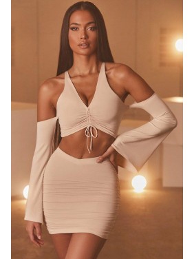 Flared Sleeve Ruched High Waist Two Piece Mini Dress – Beige