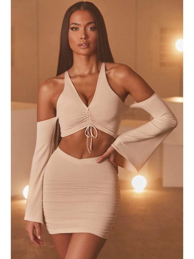 Flared Sleeve Ruched High Waist Two Piece Mini Dress – Beige