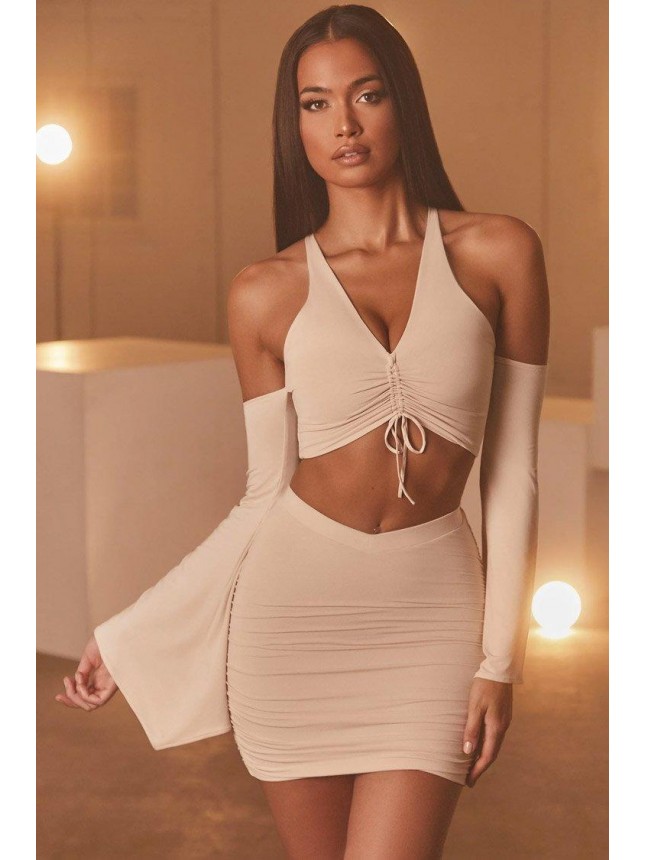 Flared Sleeve Ruched High Waist Two Piece Mini Dress – Beige