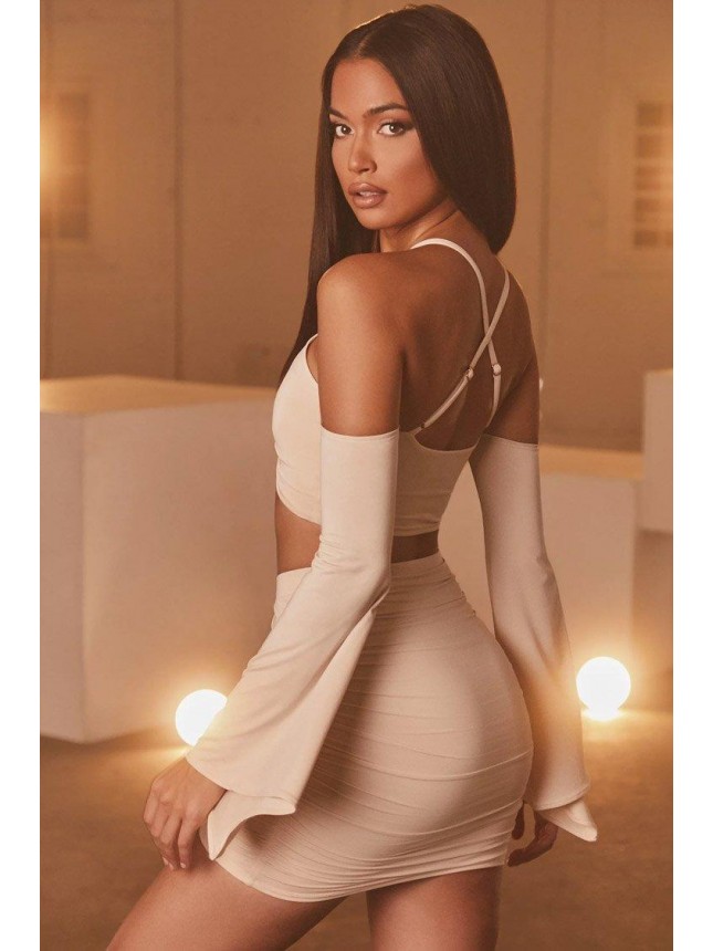 Flared Sleeve Ruched High Waist Two Piece Mini Dress – Beige