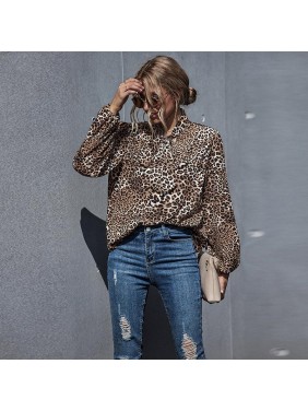 sleeve leopard print splicing loose long sleeve shirt