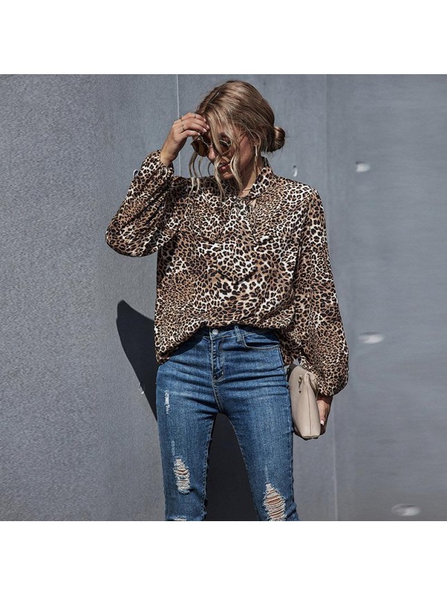 sleeve leopard print splicing loose long sleeve shirt