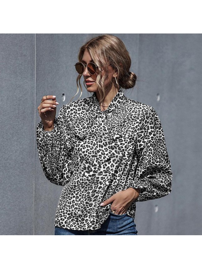 sleeve leopard print splicing loose long sleeve shirt