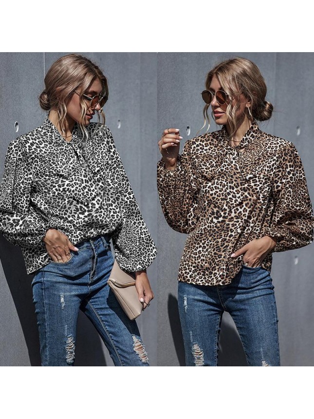sleeve leopard print splicing loose long sleeve shirt