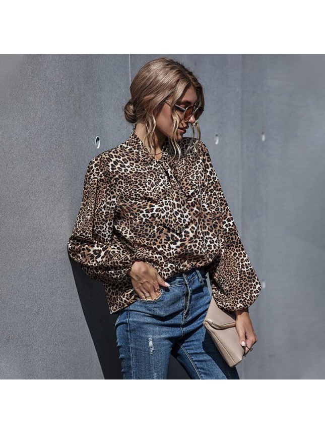 sleeve leopard print splicing loose long sleeve shirt