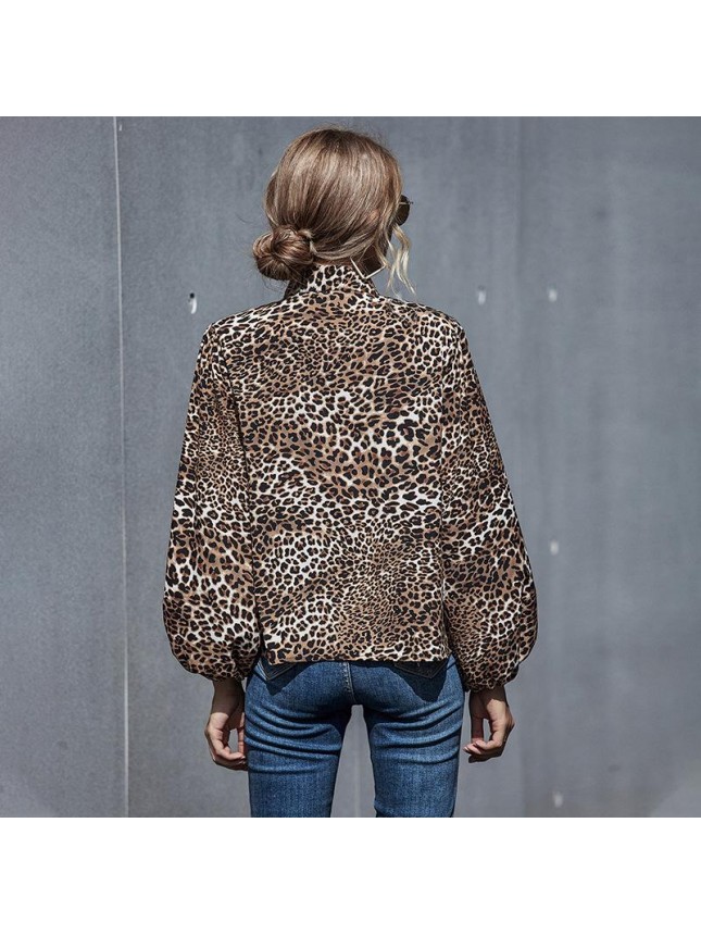 sleeve leopard print splicing loose long sleeve shirt
