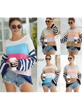Stitching splicing knit shirt loose striped sweater fashion outfits