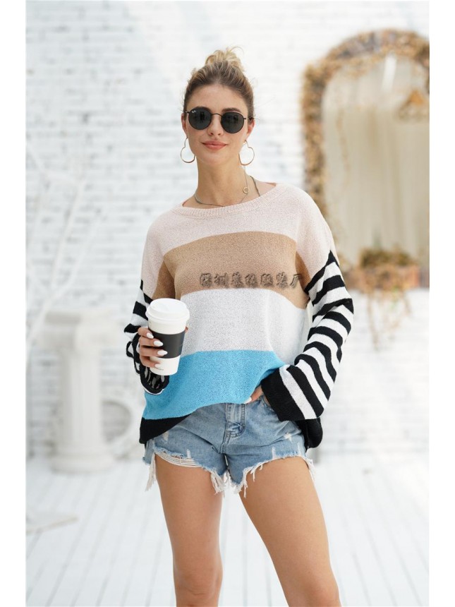Stitching splicing knit shirt loose striped sweater fashion outfits