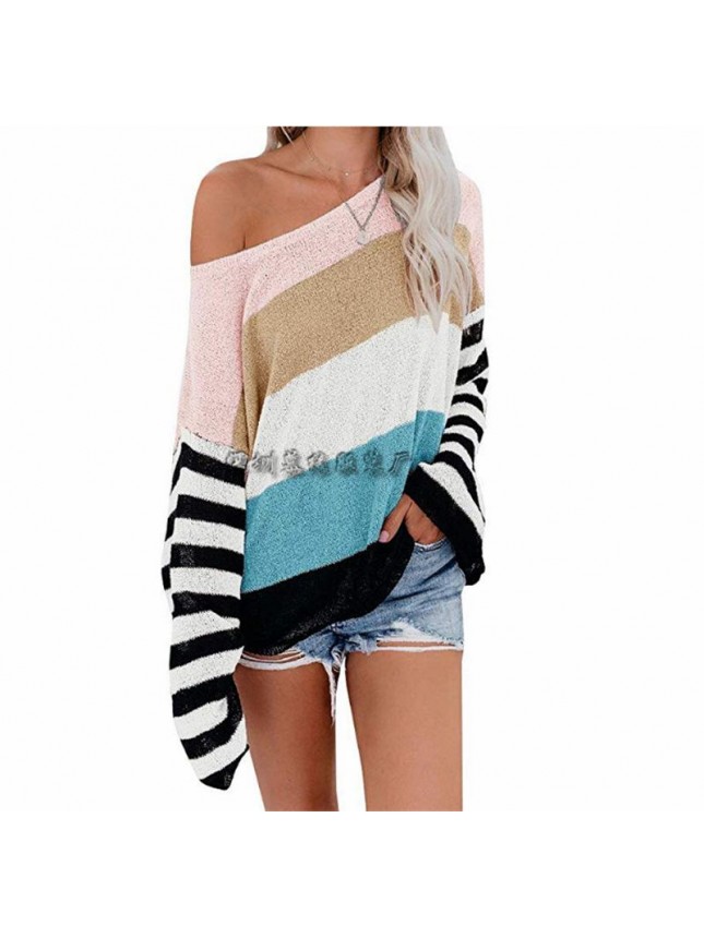 Stitching splicing knit shirt loose striped sweater fashion outfits