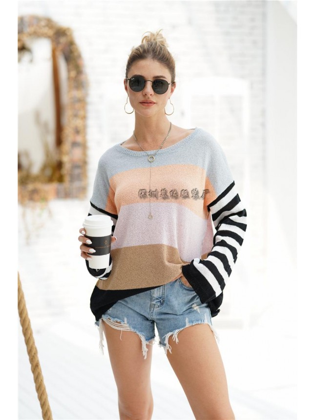 Stitching splicing knit shirt loose striped sweater fashion outfits