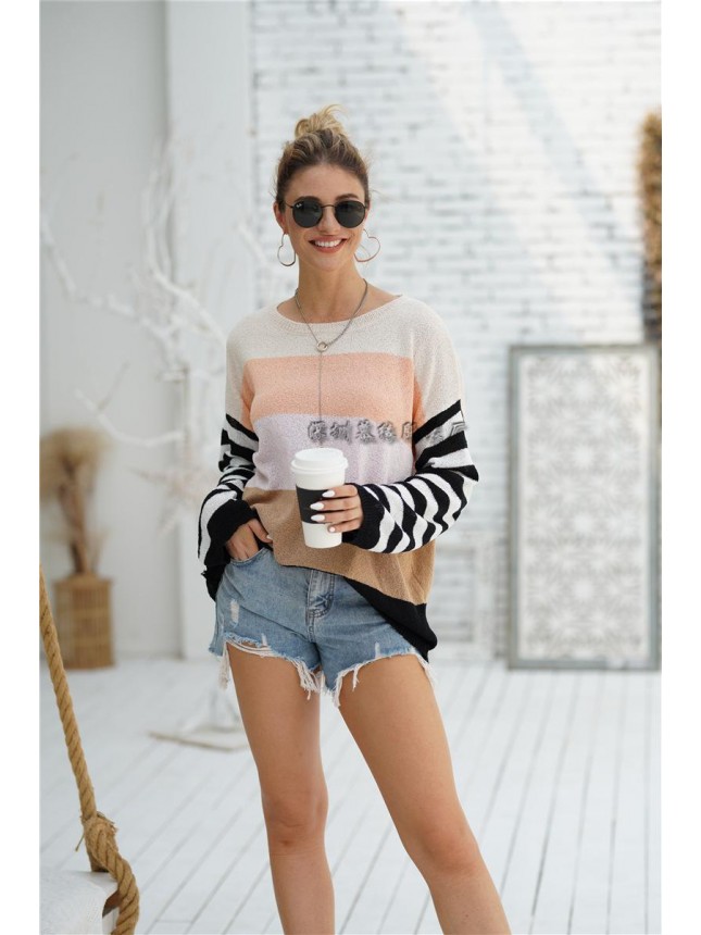 Stitching splicing knit shirt loose striped sweater fashion outfits