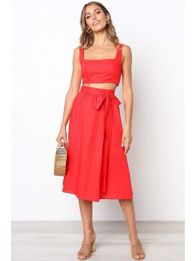 Casual Shirred Back High Waist Midi Two Piece Dress – Red