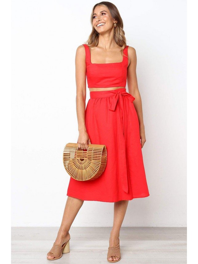 Casual Shirred Back High Waist Midi Two Piece Dress – Red
