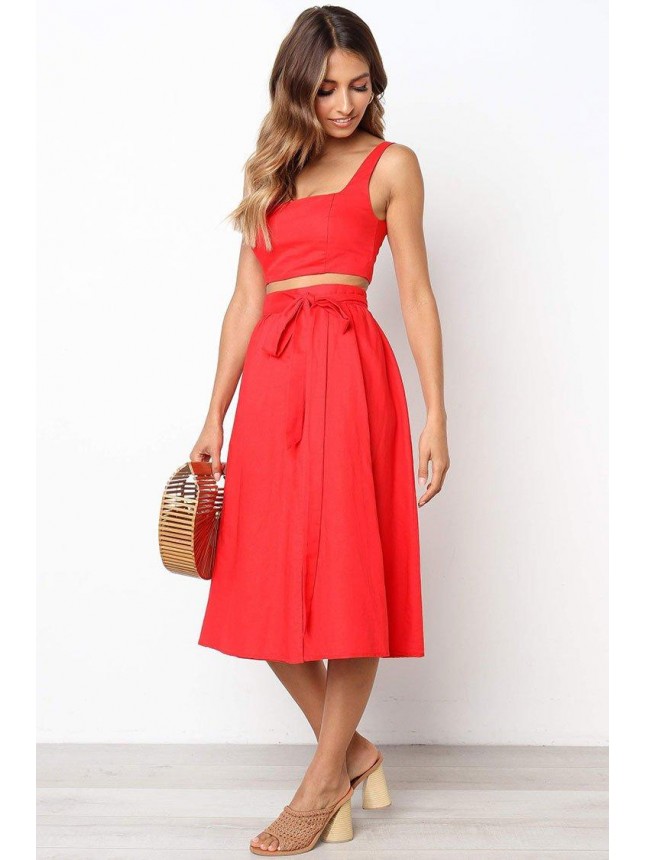 Casual Shirred Back High Waist Midi Two Piece Dress – Red