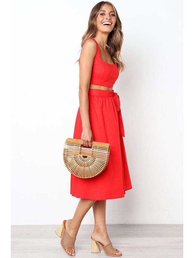 Casual Shirred Back High Waist Midi Two Piece Dress – Red