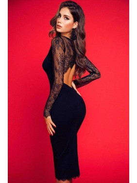 Glamorous Lace Panel Cut Out Bodycon Midi Little Black Dress – Black