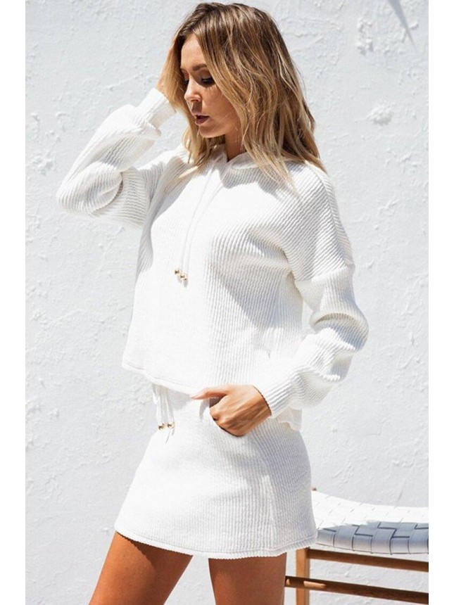 Long Sleeve High Waist Mini Hoodie Two Piece Dress – White