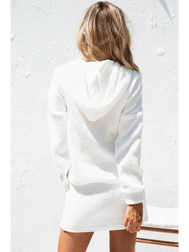 Long Sleeve High Waist Mini Hoodie Two Piece Dress – White