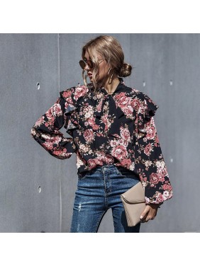 Printing bubble sleeves long sleeved tie butterfly shirt