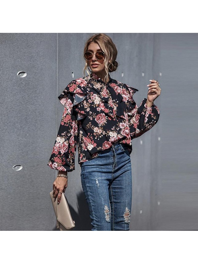 Printing bubble sleeves long sleeved tie butterfly shirt