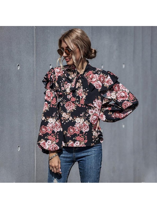 Printing bubble sleeves long sleeved tie butterfly shirt
