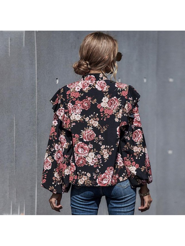 Printing bubble sleeves long sleeved tie butterfly shirt