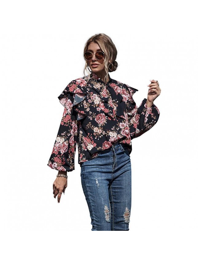 Printing bubble sleeves long sleeved tie butterfly shirt