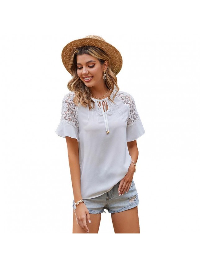 Lace T shirt loose solid color set top