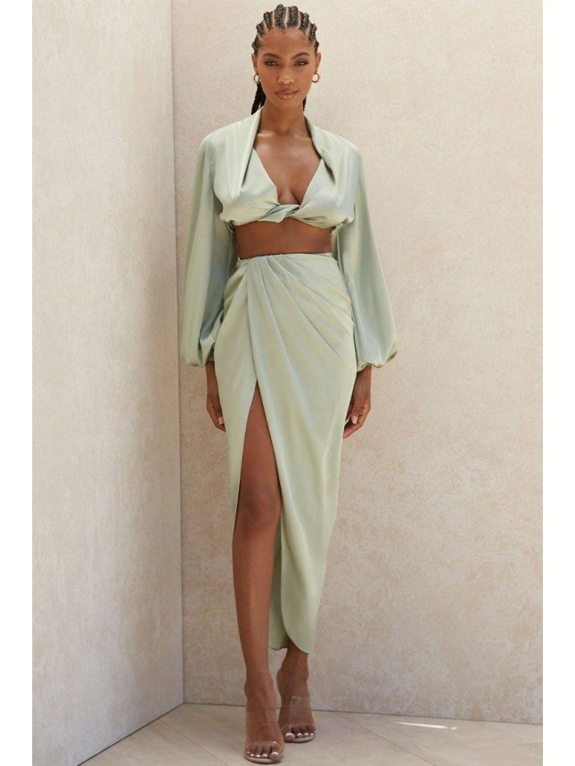 Silky High Low Slit Draped Satin Two Piece Dress – Sage Green
