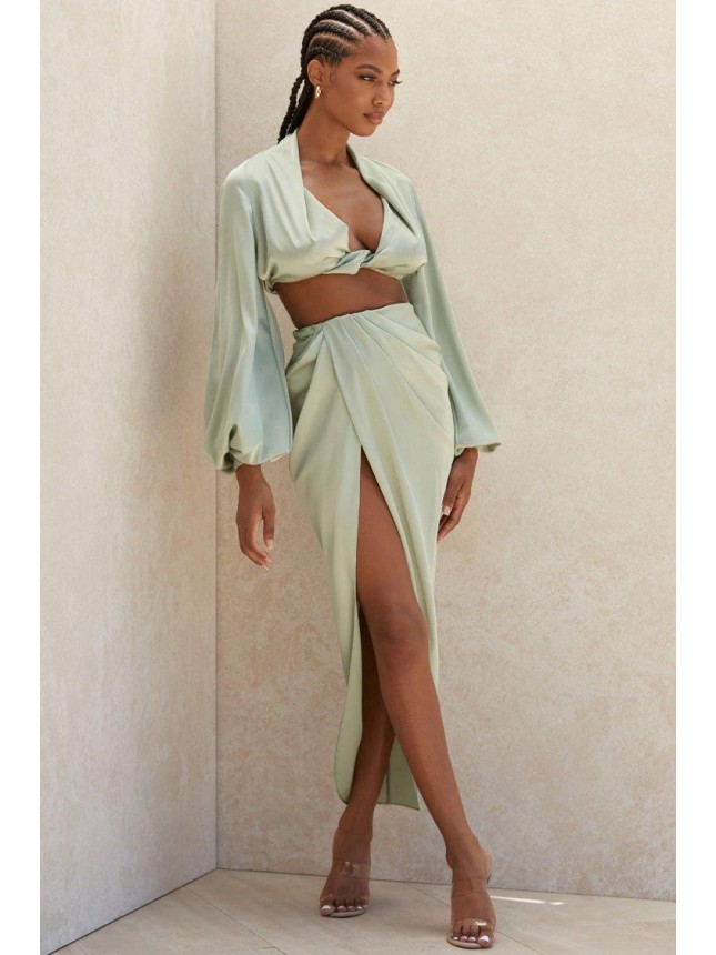 Silky High Low Slit Draped Satin Two Piece Dress – Sage Green