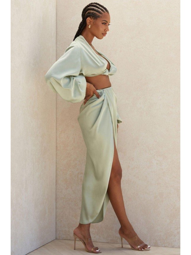 Silky High Low Slit Draped Satin Two Piece Dress – Sage Green