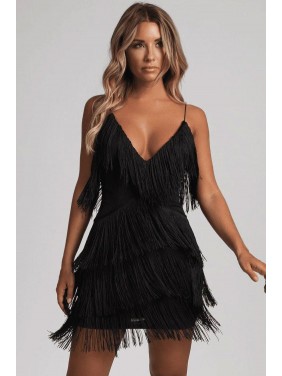 Flattering Fringe Spaghetti Strap Mini Flapper Dress – Black