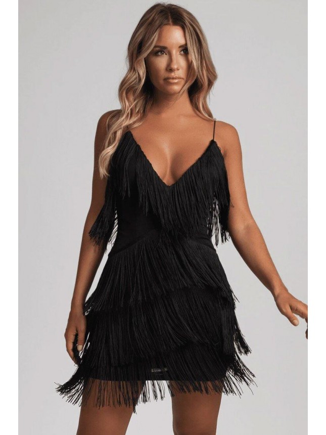 Flattering Fringe Spaghetti Strap Mini Flapper Dress – Black