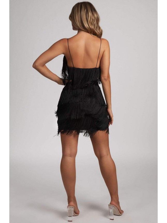 Flattering Fringe Spaghetti Strap Mini Flapper Dress – Black