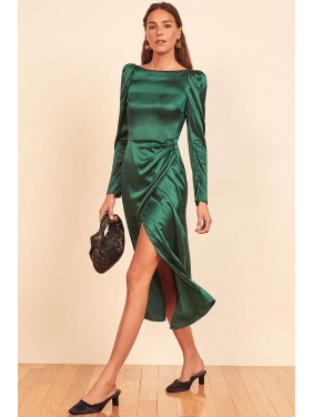 Elegant Puff Sleeve High Slit Ruched Satin Midi Sheath Dress – Emerald Green