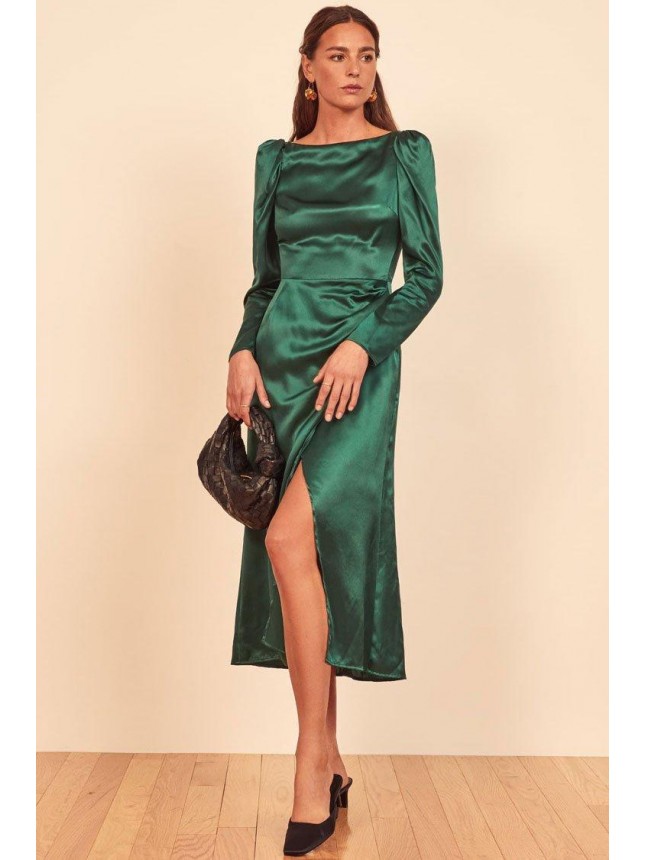 Elegant Puff Sleeve High Slit Ruched Satin Midi Sheath Dress – Emerald Green