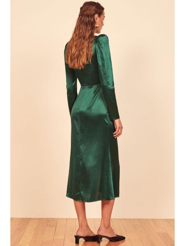Elegant Puff Sleeve High Slit Ruched Satin Midi Sheath Dress – Emerald Green