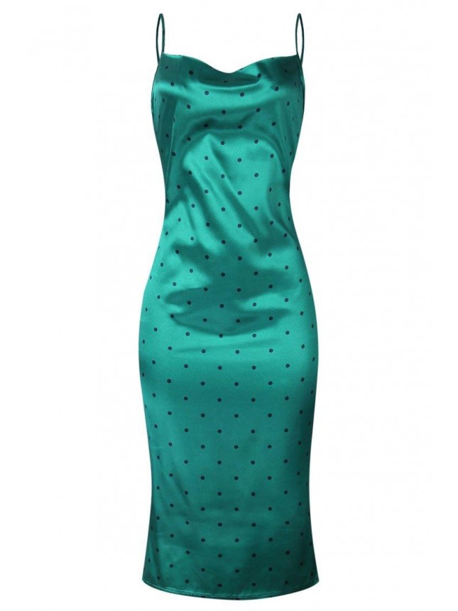 Polka Dot Cowl Neck Satin Slip Midi Dress – Emerald Green